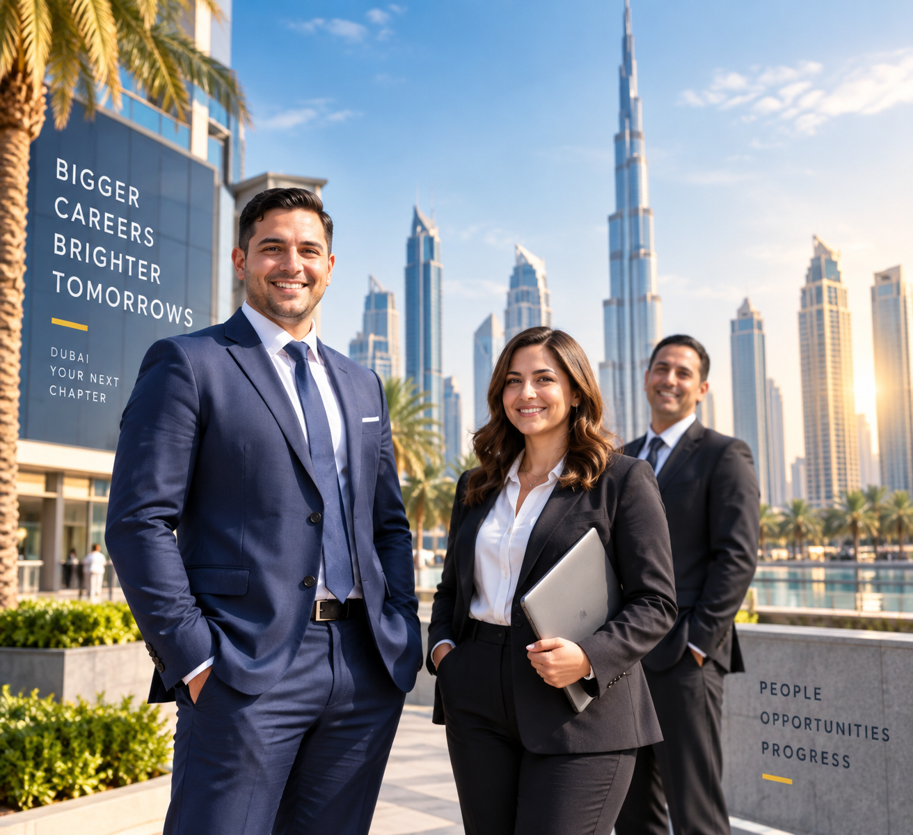 Young professionals with the Dubai skyline behind them