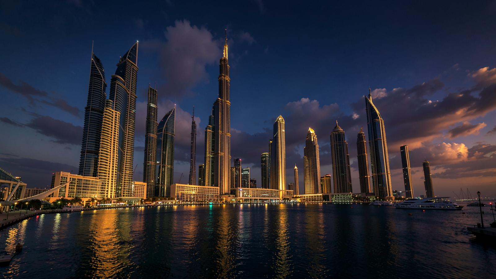 Dubai Marina skyline glowing at dusk