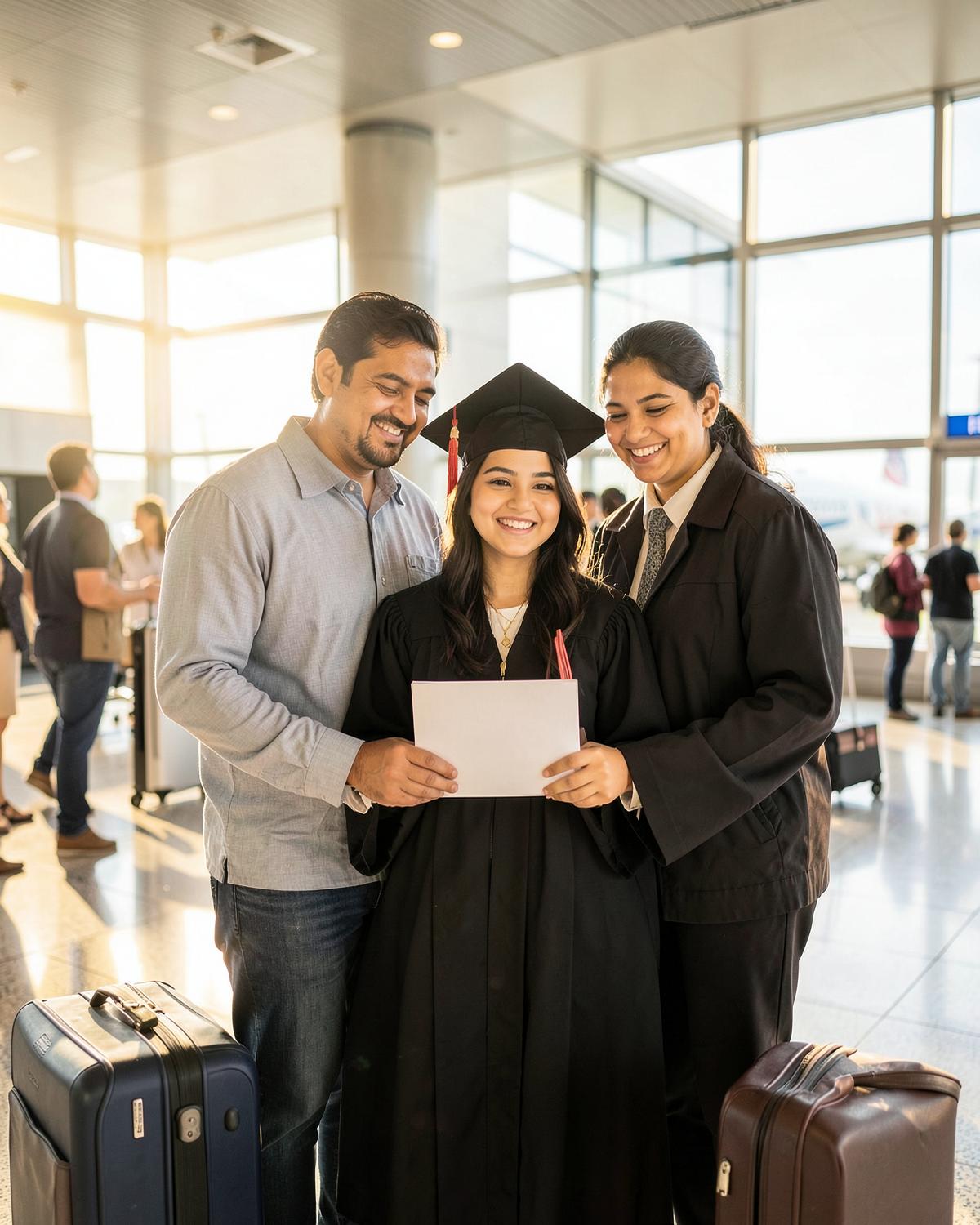 A graduate with family support at the airport, ready to begin their own career journey in Dubai